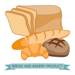 Bread and pastry products made of rye wheat and whole grain. Fresh bakery production baked croissant, bun, toast loaf and baguette for bake store.