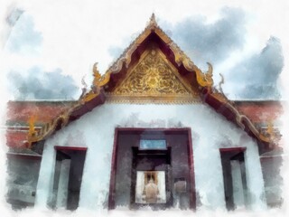 Fototapeta premium Ancient architecture of Thailand watercolor style illustration impressionist painting.