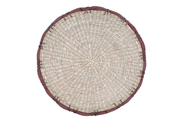 Round handmade weave straw tray or seat cushion seating surface texture, isolated on white background , clipping path for design usage purpose.