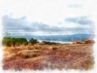 mountain landscape with grassland watercolor style illustration impressionist painting.
