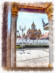 Ancient architecture of Thailand watercolor style illustration impressionist painting.