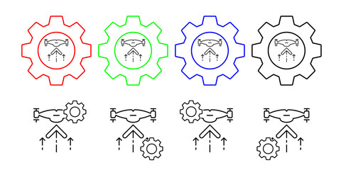 Drone rises field outline vector icon in gear set illustration for ui and ux, website or mobile application