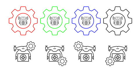 Drone with medicines field outline vector icon in gear set illustration for ui and ux, website or mobile application