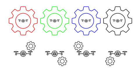 Drone with marijuana field outline vector icon in gear set illustration for ui and ux, website or mobile application