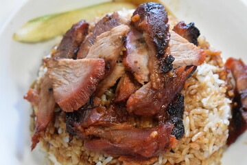 Food Photography, Asian Chinese Dish, Wok Fry and Pan Cooking, Char Siew Pork Rice, Macro Shot, Studio Shot