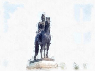 Obraz premium Equestrian statue Bangkok Thailand watercolor style illustration impressionist painting.