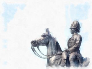 Fototapeta premium Equestrian statue Bangkok Thailand watercolor style illustration impressionist painting.