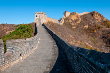 Great Wall of China wide angle perspective with copy space, Jinshanling, China.