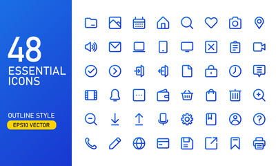 A collection of frequently used essential icons. Suitable for design elements of UI and UX. Essential icon set in outline style.