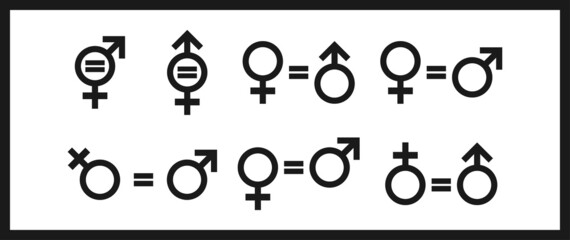 Gender equality icon. Equity parity men and women logo. Collection of black icons isolated on white background. Flat element design. Vector illustration.