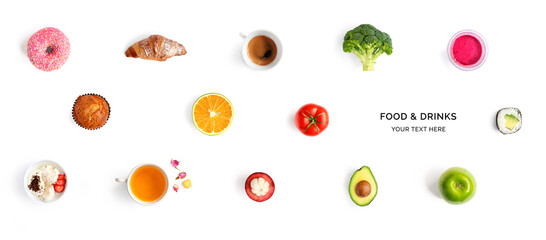 Creative layout made of donut, coffee, orange muffin, sushi, broccoli, ice cream, avocado, tomato,...