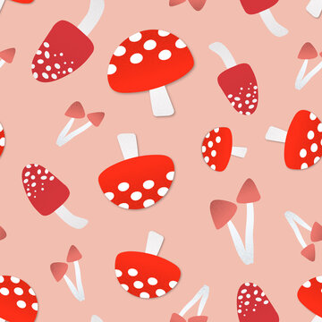 Mushroom Seamless Pattern Background, Cute Food Vector Illustration