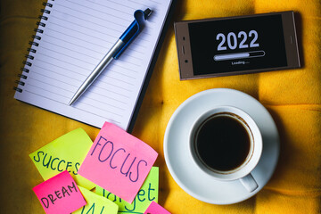 Welcome to 2022 background with motivational words on sticky notes