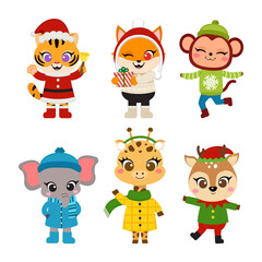 Cute woodland animals in Christmas costume. Flat vector cartoon design
