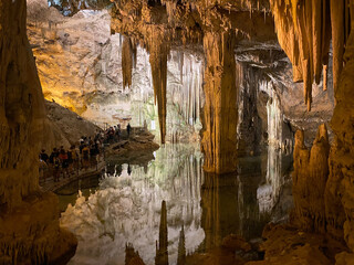 Stalactite and stalagmite formations into the cave at Neptune's Grotto Caves, near Capo Caccia, Alghero, Sardinia, Italy © Giacomo