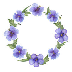 Wreath of wild blue violet flowers illustration hand drawn with watercolors with blueish blossoms and green leaves