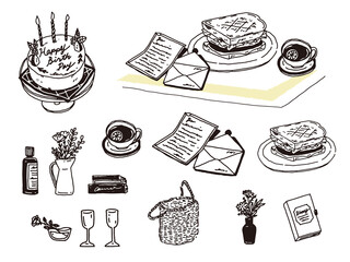 白黒、モノトーン、線画のイラスト(手書き、オシャレ、雑誌、カフェ、ファッション、コーヒー、誕生日ケーキ、サンドイッチ) Black and white, monotone, line drawing illustrations. Handwritten, stylish, magazine, cafe, fashion, coffee, birthday cake, sandwich.
