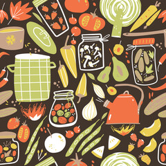 Home canning doodle seamless pattern. Food, kitchen equipment, jars, fruits and vegetables. Perfect for fabric, wallpaper or wrapping paper. - 462544749