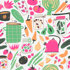 Home canning doodle seamless pattern. Food, kitchen equipment, jars, fruits and vegetables. Perfect for fabric, wallpaper or wrapping paper. - 462544765