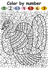 Alive turkey bird color by number vector illustration. Hand-drawn farm bird coloring page with 1-7 numbers printable worksheet. Cartoon turkey bird educational activity page for children vector