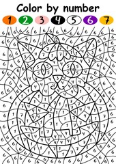 Cute cat in Halloween pumpkin color by number vector illustration. Funny little kitten sits in a carved pumpkin lantern - printable activity page. Educational coloring page with 1-7 numbers vector
