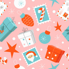christmas seamless vector pattern in retro style with gift boxes, candy canes, holly leaves, stars, stamps, festive envelops. pattern in flat style for printing on fabric, wrapping paper