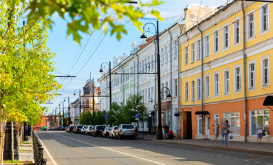 Summer cityscape of Krestovaya Street, central street of Rybinsk city, Yaroslavl region, Russia