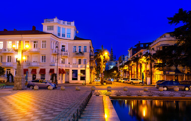 Fototapeta na wymiar Night view of Konstantine Gamsakhurdia Street from Batumi Boulevard, Batumi, Georgia