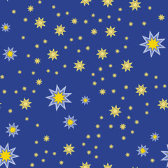 Star pattern. Seamless repeating elements  on blue background space with different cosmic flashes in sky, for baby, kid, child. For textiles, fabrics, print. Packaging design, wrapping paper. Vector