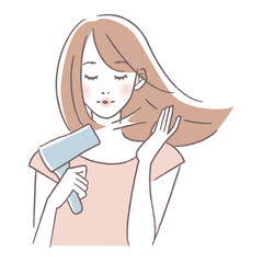 ドライヤーを片手に髪の毛を乾かす女性のイラスト