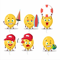 Happy Face yellow balloons cartoon character playing on a beach