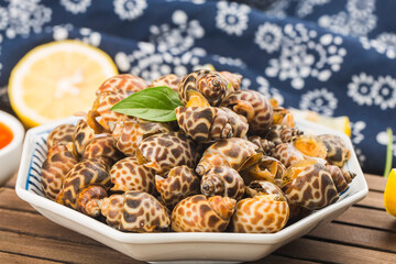 Babylonia areolata shellfish seafood on bowl ready for eat or cooked