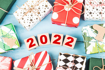 Happy New Year 2022, Christmas 2022, Christmas gifts placed in a festive atmosphere