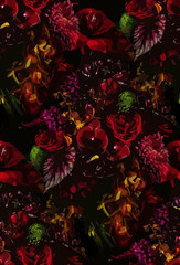 Deep floral seamless print, red, burgundy and purple,