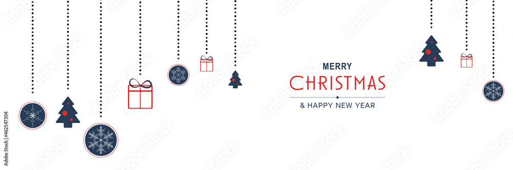 Poster merry christmas and new year 2022 poster. xmas minimal banner design with hanging trees, gifts, ball