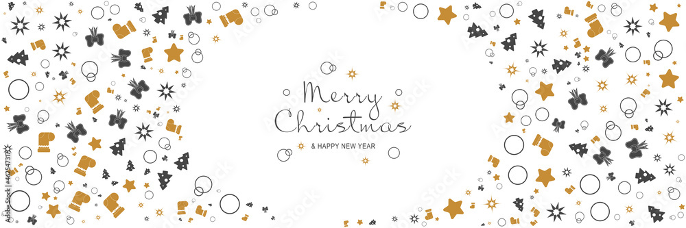 Poster merry christmas and new year 2022 poster. xmas minimal banner design with trees, stars, bows, socks 