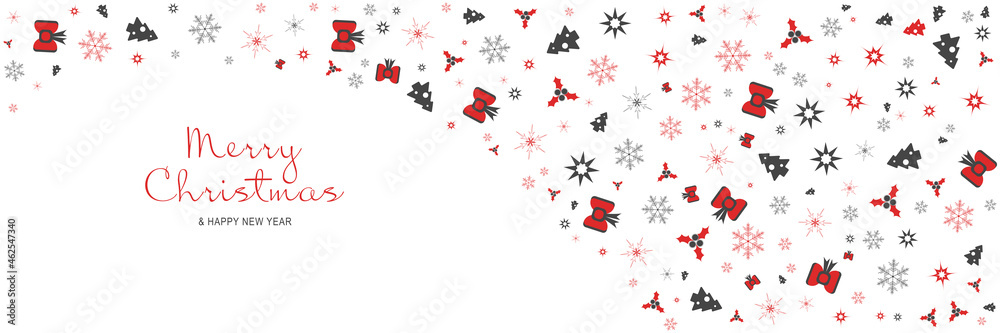 Poster Merry Christmas and New Year 2022 poster. Xmas minimal banner with trees, snowflakes, stars pattern border and text on white background. Horizontal web header. Vector illustration for greeting card