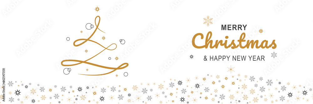 Aufkleber Merry Christmas and New Year 2022 poster. Xmas minimal banner with golden line tree and snowflakes pattern and text on white background. Horizontal web header. Vector illustration for greeting card