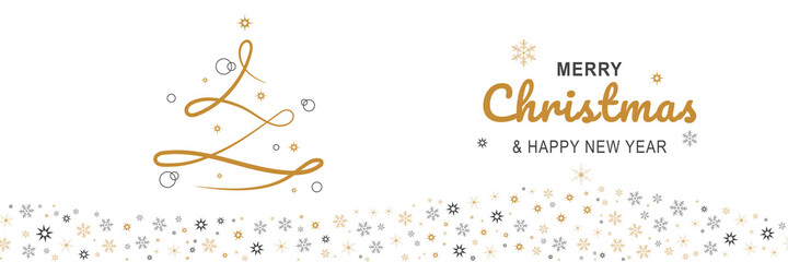 Merry Christmas and New Year 2022 poster. Xmas minimal banner with golden line tree and snowflakes pattern and text on white background. Horizontal web header. Vector illustration for greeting card