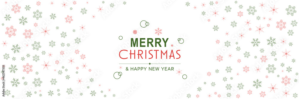 Poster Merry Christmas and New Year 2022 poster. Xmas minimal banner with snowflakes pattern frame and text on white background. Horizontal website header. Vector illustration for greeting card design