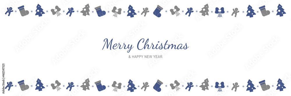 Poster Merry Christmas and New Year 2022 poster. Xmas minimal banner with holiday symbols borders and text on white background. Horizontal header of website. Vector illustration for greeting card design