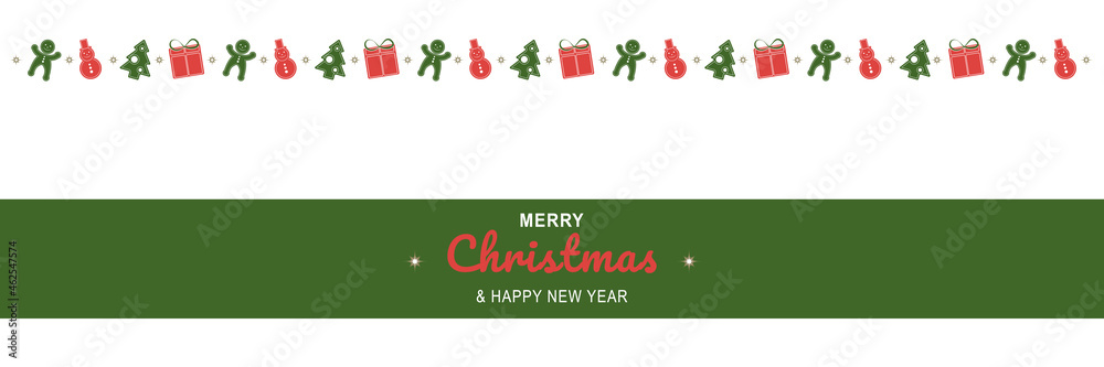 Poster Merry Christmas and New Year 2022 poster. Xmas minimal banner with holiday symbols border and text on white background. Horizontal header of website. Vector illustration for greeting card design