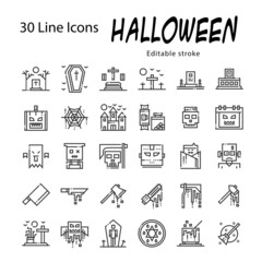 30 Line Icons set for Halloween festival , editable line icon vector for interface, decorating , etc