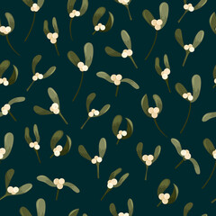 Christmas seamless pattern with mistletoe twigs and white berries. Dark background.
