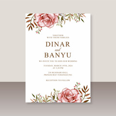 Elegant wedding card template with rose flower watercolor