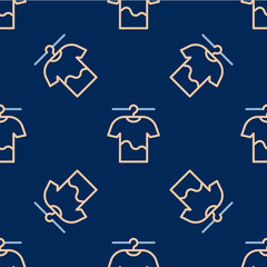 Line Drying clothes icon isolated seamless pattern on blue background. Clean shirt. Wash clothes on a rope with clothespins. Clothing care and tidiness. Vector