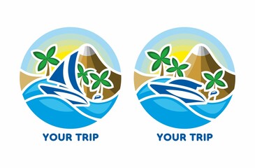 Fototapeta na wymiar Summer bright logo. Vector icon with palm trees, ocean, mountains and sailboat. Emblem for travel agencies.
