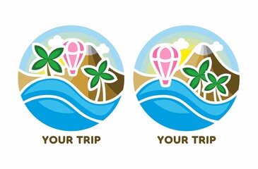 Summer bright logo. Vector icon with palm trees, ocean, mountains and hot air balloon. Emblem for travel agencies.