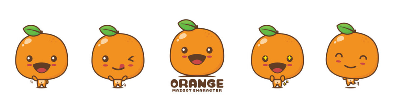 orange cartoon mascot, fruit vector illustration, with different facial expressions and poses
