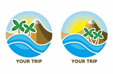 Travel Agency Logo. Sun, mountains, palm trees and the sea. Summer bright logo. Vector icon with palm trees, ocean and mountains.